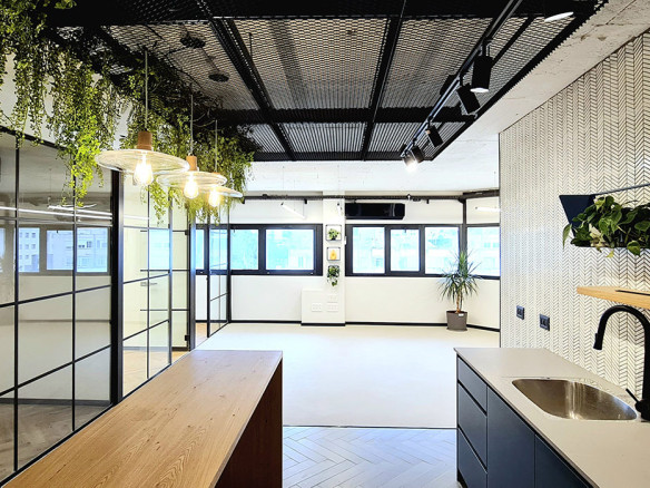 משרד מודרני בעל חלל פתוח להשכרה בישראל בק, הכולל חלונות גדולים, צמחים תלויים, מחיצת זכוכית, מטבחון עם כיור ואריחי קיר מעוצבים. כולל שטח מרווח למטרות עסקיות.