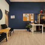 משרד מודרני עם קיר בצבע כחול כהה, שולחן, מחשב נייד, שני תוכים על מדף, לוח שעם, מראה עגולה, פינת ישיבה ועציצים — חלל עבודה מרווח בגודל 250 מ"ר במחיר משתלם.