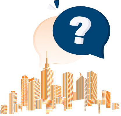 קו הרקיע של העיר אורנג' עם שתי בועות דיבור חופפות מעליו; האחת כתומה, והשנייה כחולה עם סימן שאלה לבן בתוכה.