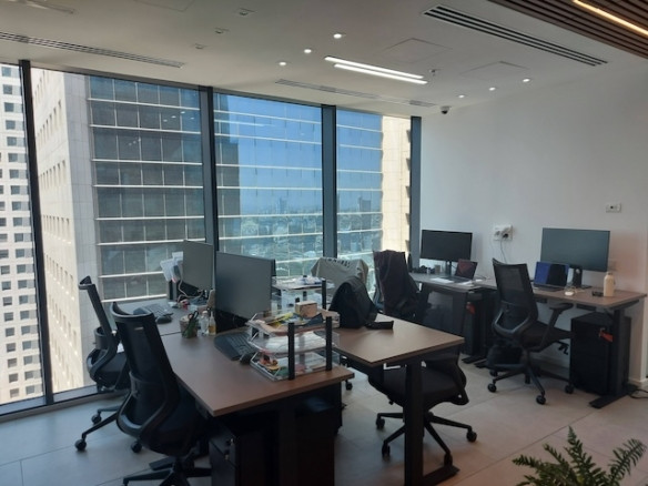 משרד להשכרה מודרני עם שולחנות, מחשבים וכסאות ליד חלונות גדולים המשקיפים על נוף העיר מגדלי חג'ג' ושרונה במהלך היום.