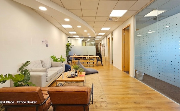 טרקלין משרדי מודרני במשרד בגודל 250 מ"ר עם ספה אפורה, כיסאות חומים, שולחן עץ וצמחים. חדרי ישיבות עם קירות זכוכית מקיפים מסדרון עם ריצוף עץ ותאורת תקרה במגדלי עזריאלי, תל אביב.