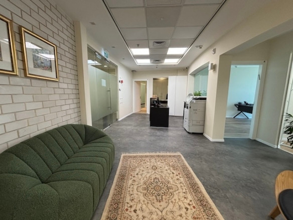 לובי משרדי בבית רובינשטיין, תל אביב, עם ספה ירוקה, שטיח מעוצב, תמונות ממוסגרות על הקיר, דלתות זכוכית, מדפסת ודלפק קבלה מרכזי – מושלם למשרד להשכרה הבא שלכם.