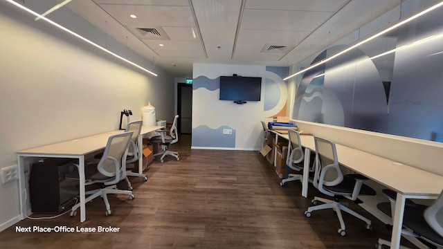 חלל משרדי מודרני עם מספר עמדות עבודה, כיסאות, ארונות, טלוויזיה המותקנת על הקיר ואמנות קיר מופשטת; תאורה תקרתית וריצוף עץ משלימים את התמונה במשרד להשכרה במגדל סקיי תל אביב.