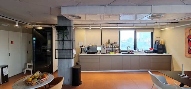 מטבח משרדי מודרני במשרד מרוהט ברחוב דרך השלום בתל אביב, הכולל משטח עבודה, כיור, מכשירי חשמל ומדפים. קערת פירות וכסאות מונחים על השולחן בקדמת התמונה; חלון גדול ברקע ממלא את החלל באור.