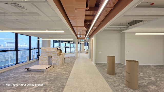 שטח משרדים מודרני בבנייה בבית קרדן, עם חלונות גדולים, תקרה חשופה ורצפה לא גמורה. ניתן לראות גלילי שטיחים וקרטונים, המציעים פוטנציאל רב למשרד מרוהט להשכרה.