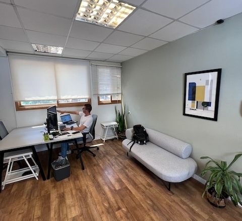 אדם עובד ליד שולחן עם שני מסכים במשרד להשכרה, 80 מ"ר, ביוסף קארו תל אביב, עם רצפות עץ, ספה אפורה, עציצים ויצירות אמנות מופשטות ממוסגרות על הקיר.